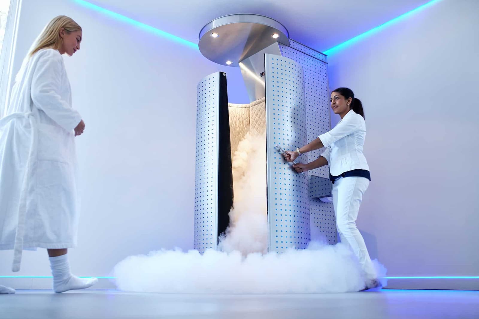 A patient in a cryotherapy chamber.